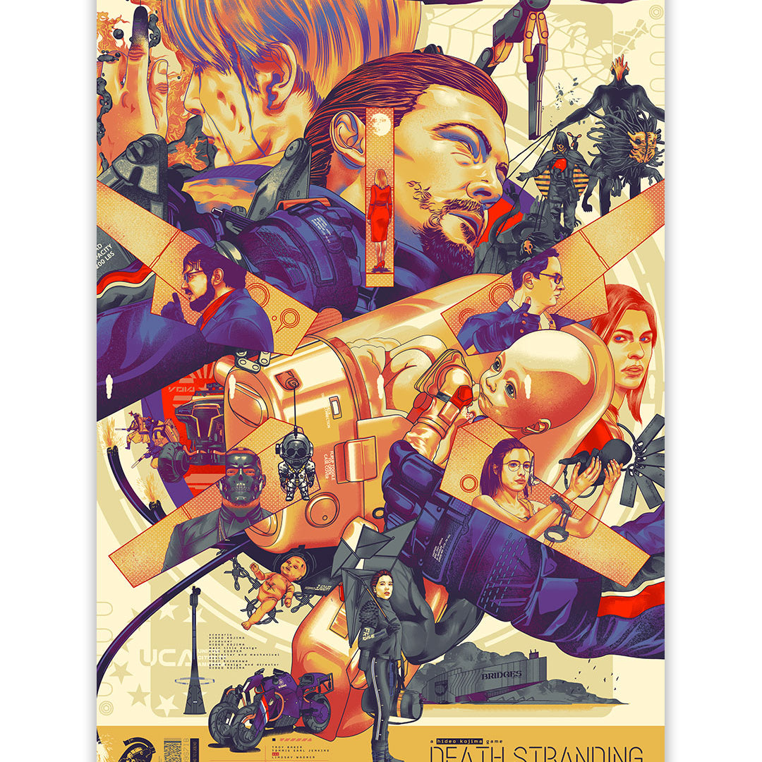 Stylized screen print poster for the video game Death Stranding by Vincent Aseo, featuring various characters in dramatic poses, a baby in a pod, motorcycles, and futuristic equipment set against warm red, orange, and cream tones.