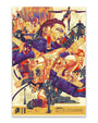 Stylized screen print poster for the video game Death Stranding by Vincent Aseo, featuring various characters in dramatic poses, a baby in a pod, motorcycles, and futuristic equipment set against warm red, orange, and cream tones.