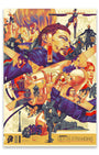 Stylized screen print poster for the video game Death Stranding by Vincent Aseo, featuring various characters in dramatic poses, a baby in a pod, motorcycles, and futuristic equipment set against warm red, orange, and cream tones.