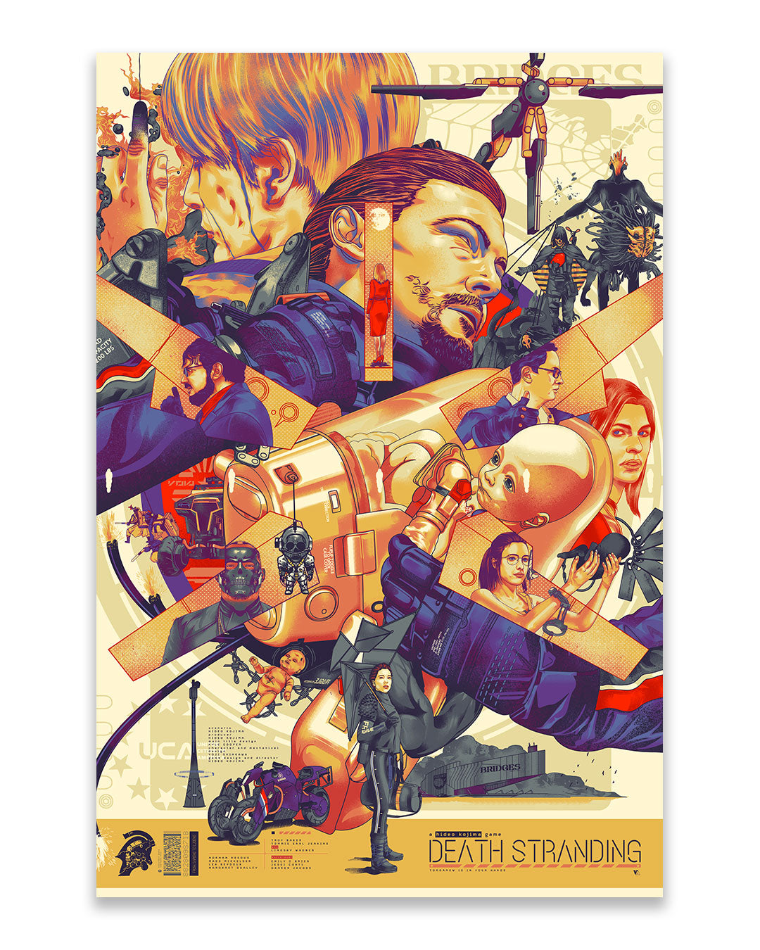 Stylized screen print poster for the video game Death Stranding by Vincent Aseo, featuring various characters in dramatic poses, a baby in a pod, motorcycles, and futuristic equipment set against warm red, orange, and cream tones.