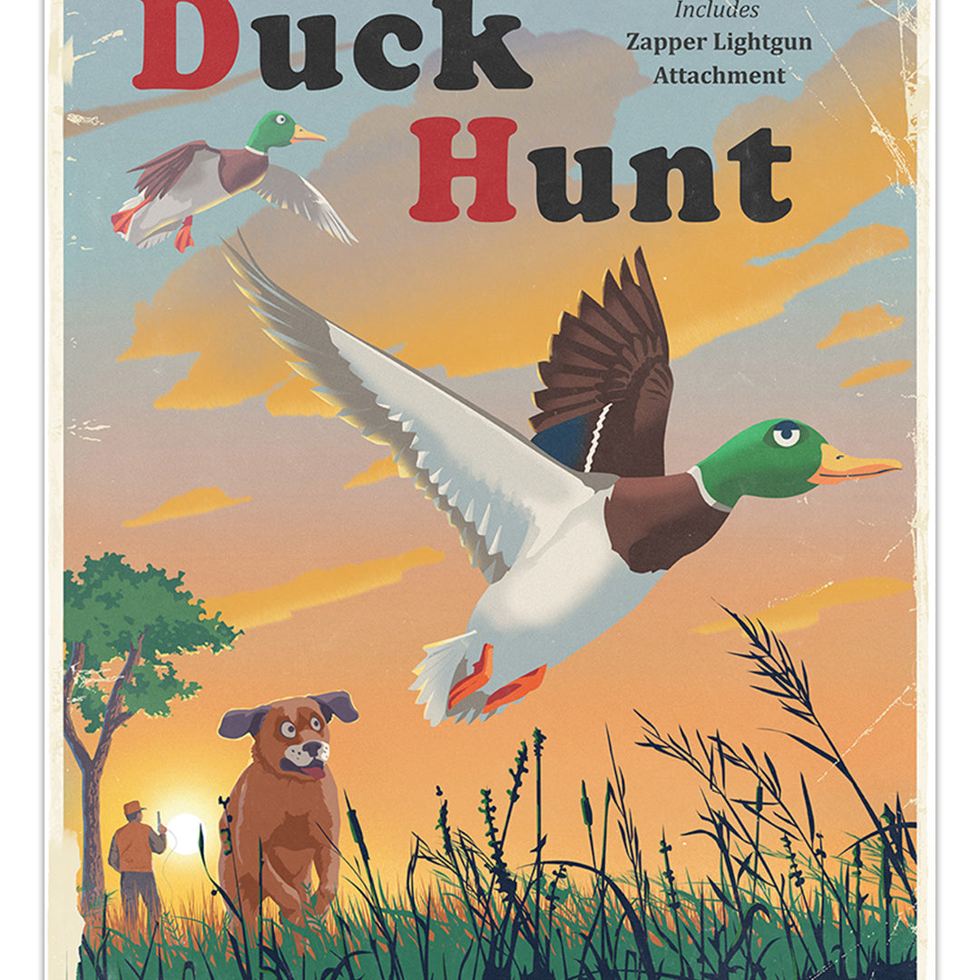 Steve Thomas’s vintage-style Duck Hunt poster features two ducks at sunset and a brown dog in tall grass, with weathered text promoting the Zapper Lightgun Attachment—evoking classic Duck Hunt Magazine ads.