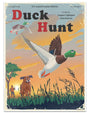 Steve Thomas’s vintage-style Duck Hunt poster features two ducks at sunset and a brown dog in tall grass, with weathered text promoting the Zapper Lightgun Attachment—evoking classic Duck Hunt Magazine ads.