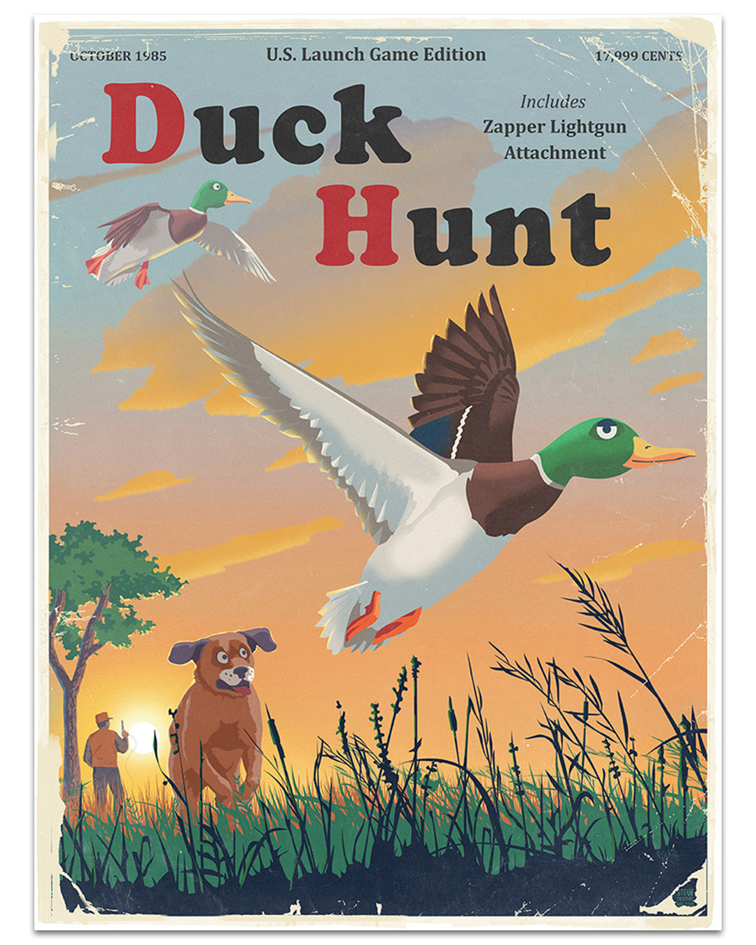 Steve Thomas’s vintage-style Duck Hunt poster features two ducks at sunset and a brown dog in tall grass, with weathered text promoting the Zapper Lightgun Attachment—evoking classic Duck Hunt Magazine ads.