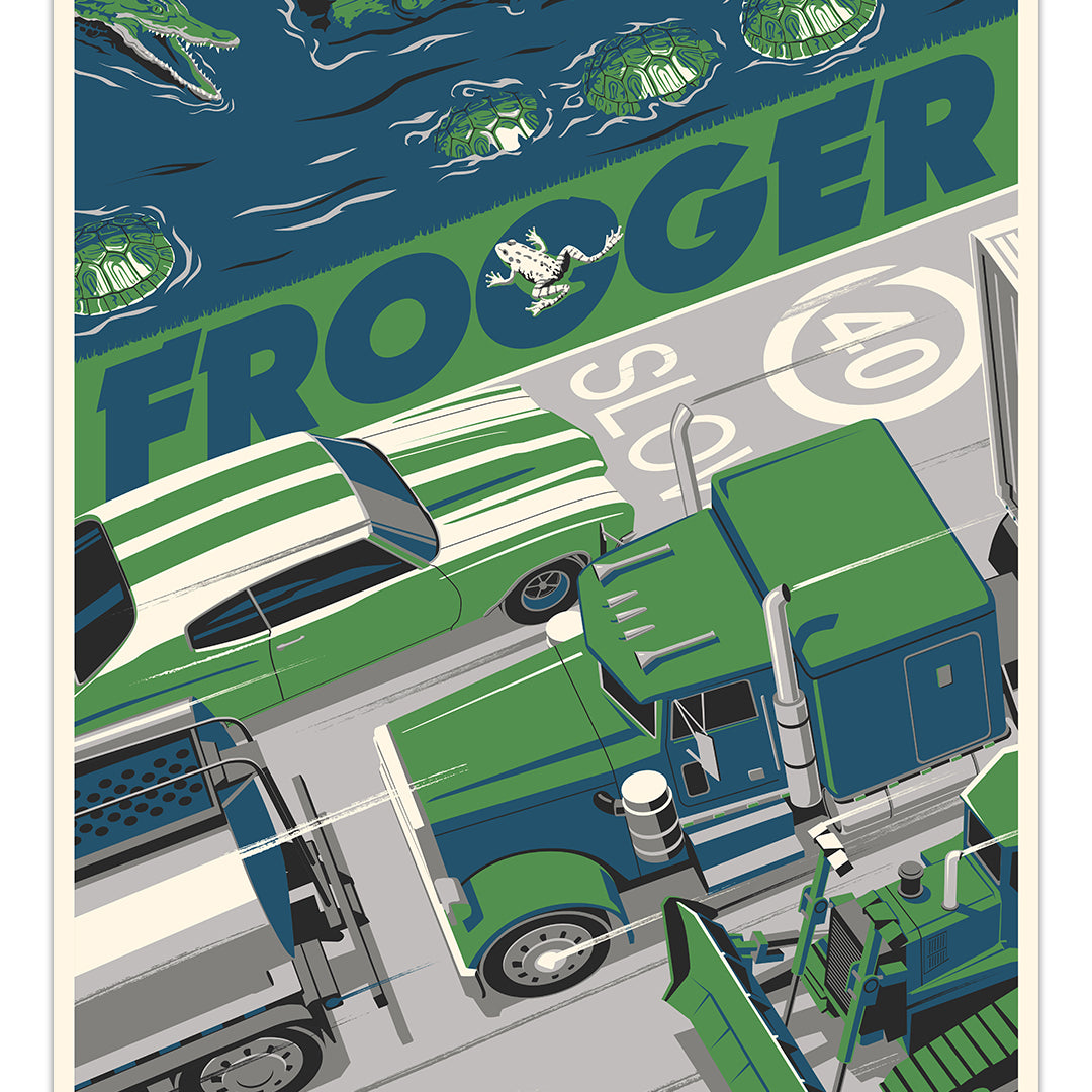 Steve Thomas artwork features Frogger crossing a busy road with vehicles and a bulldozer, below crocodiles and turtles swimming past "FROGGER." Available as an archival pigment print.
