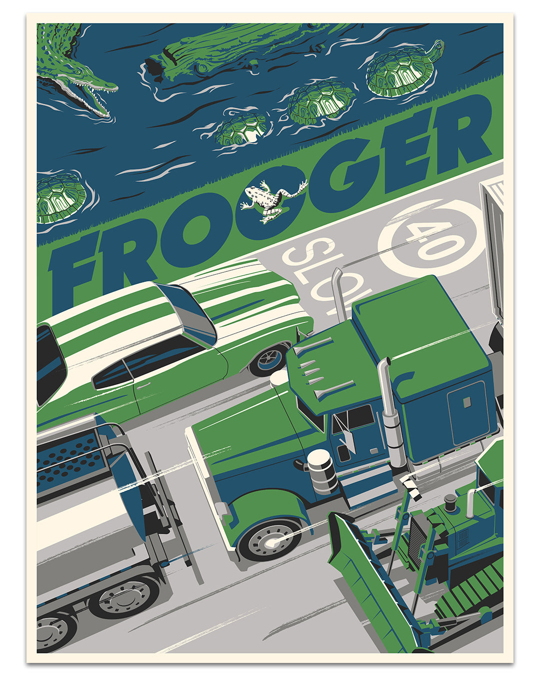 Steve Thomas artwork features Frogger crossing a busy road with vehicles and a bulldozer, below crocodiles and turtles swimming past "FROGGER." Available as an archival pigment print.