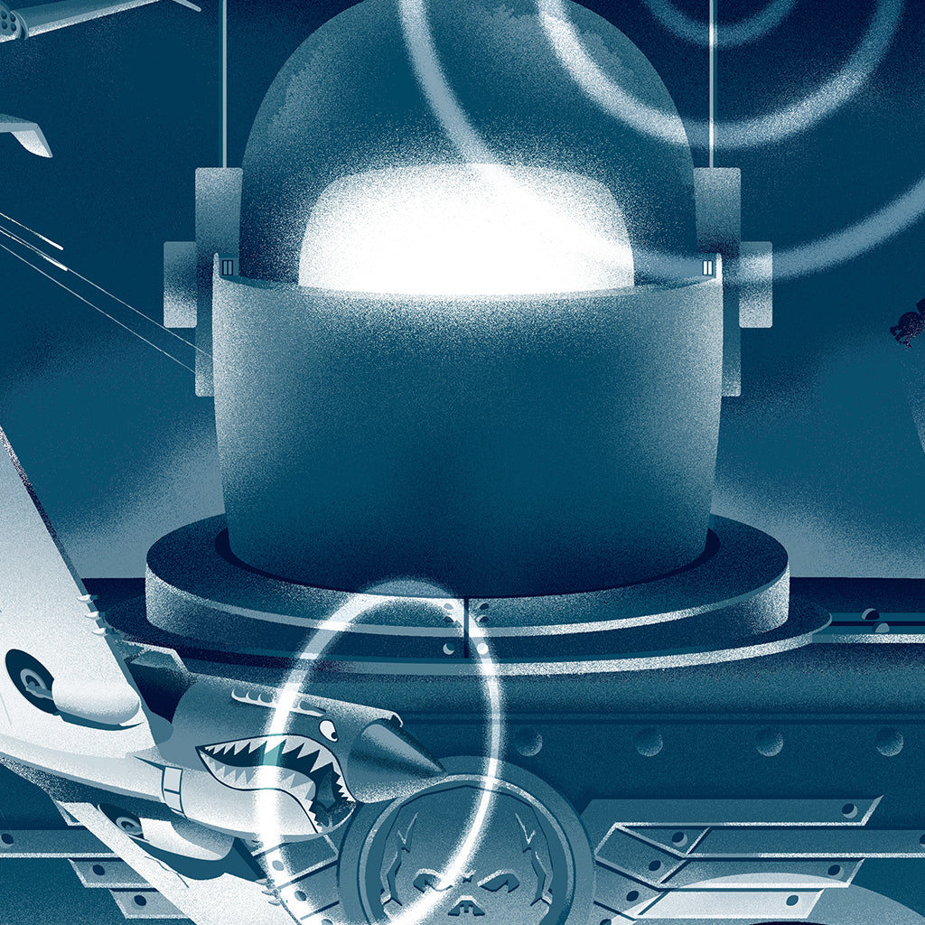 A stylized Steve Thomas illustration, inspired by Sky Captain and the World of Tomorrow, features a radar dome on a naval vessel with blue signal rings and a shark-mouthed jet; archival pigment print enhances rich blue tones.