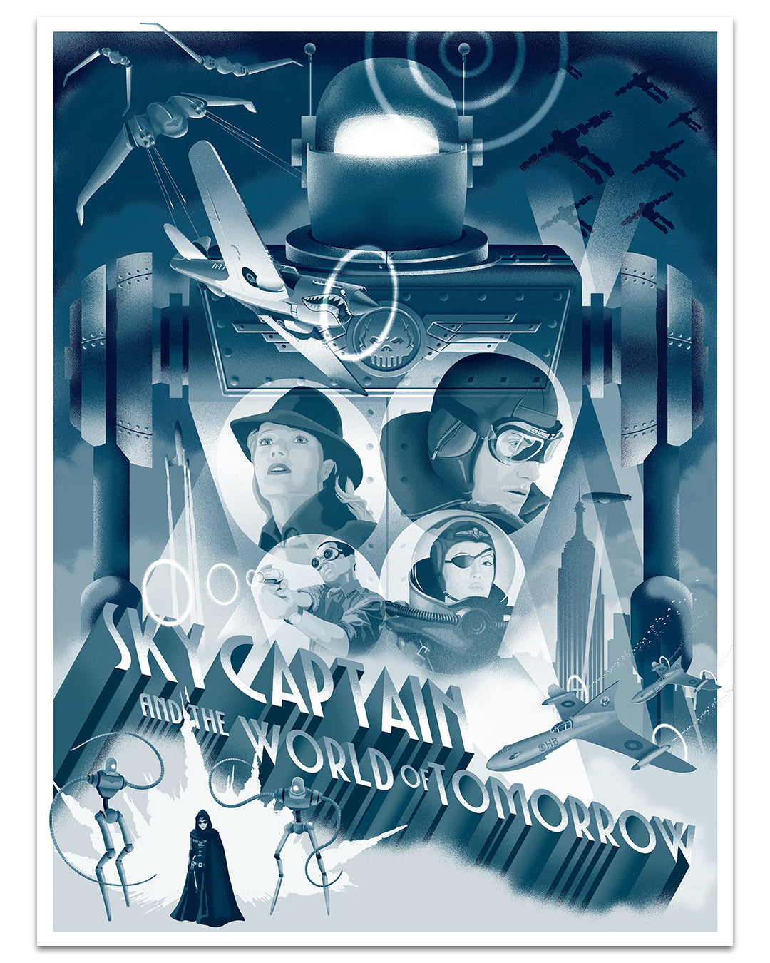 A retro-futuristic movie poster inspired by Sky Captain and the World of Tomorrow, illustrated in Steve Thomas’s signature style and reproduced as a vibrant archival pigment print by Steve Thomas.