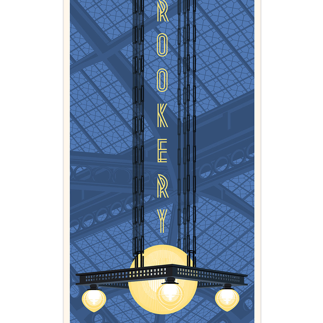 Print of the inside of a building with a glass ceiling and a large chandelier with 3 round light bulbs. The words " The Rookery" are written in the center of the print in yellow. 