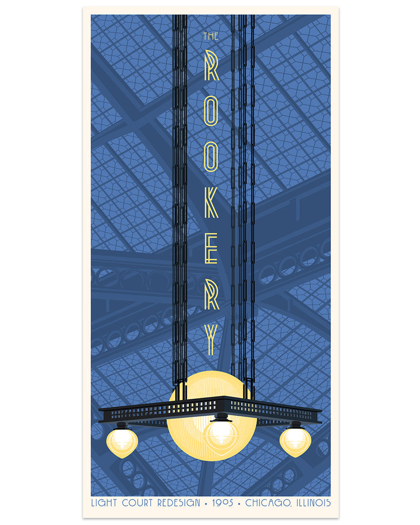 Print of the inside of a building with a glass ceiling and a large chandelier with 3 round light bulbs. The words " The Rookery" are written in the center of the print in yellow. 
