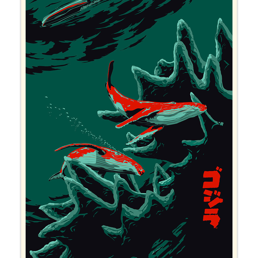 Print of two whales swimming in blue green tones with red highlights