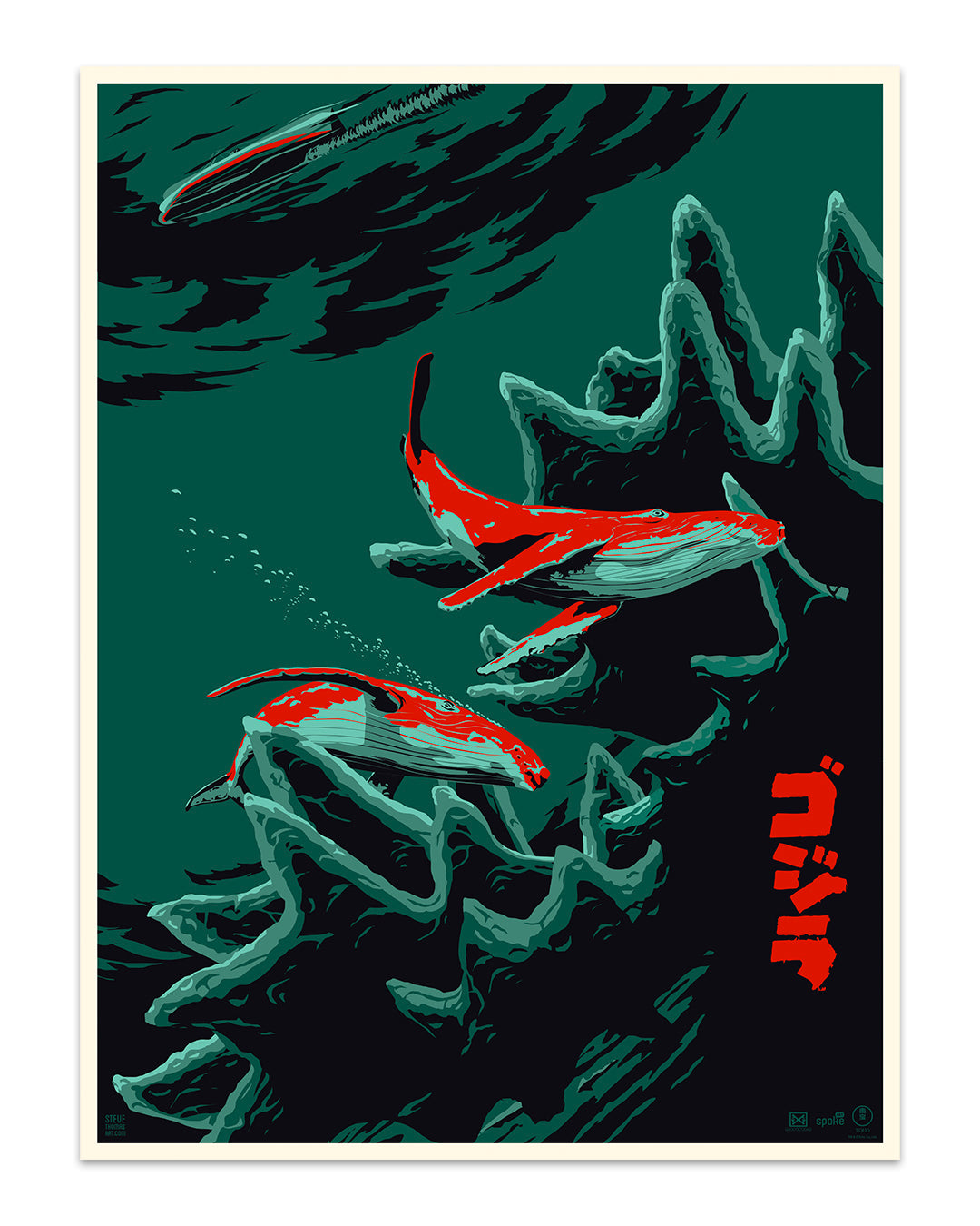 Print of two whales swimming in blue green tones with red highlights