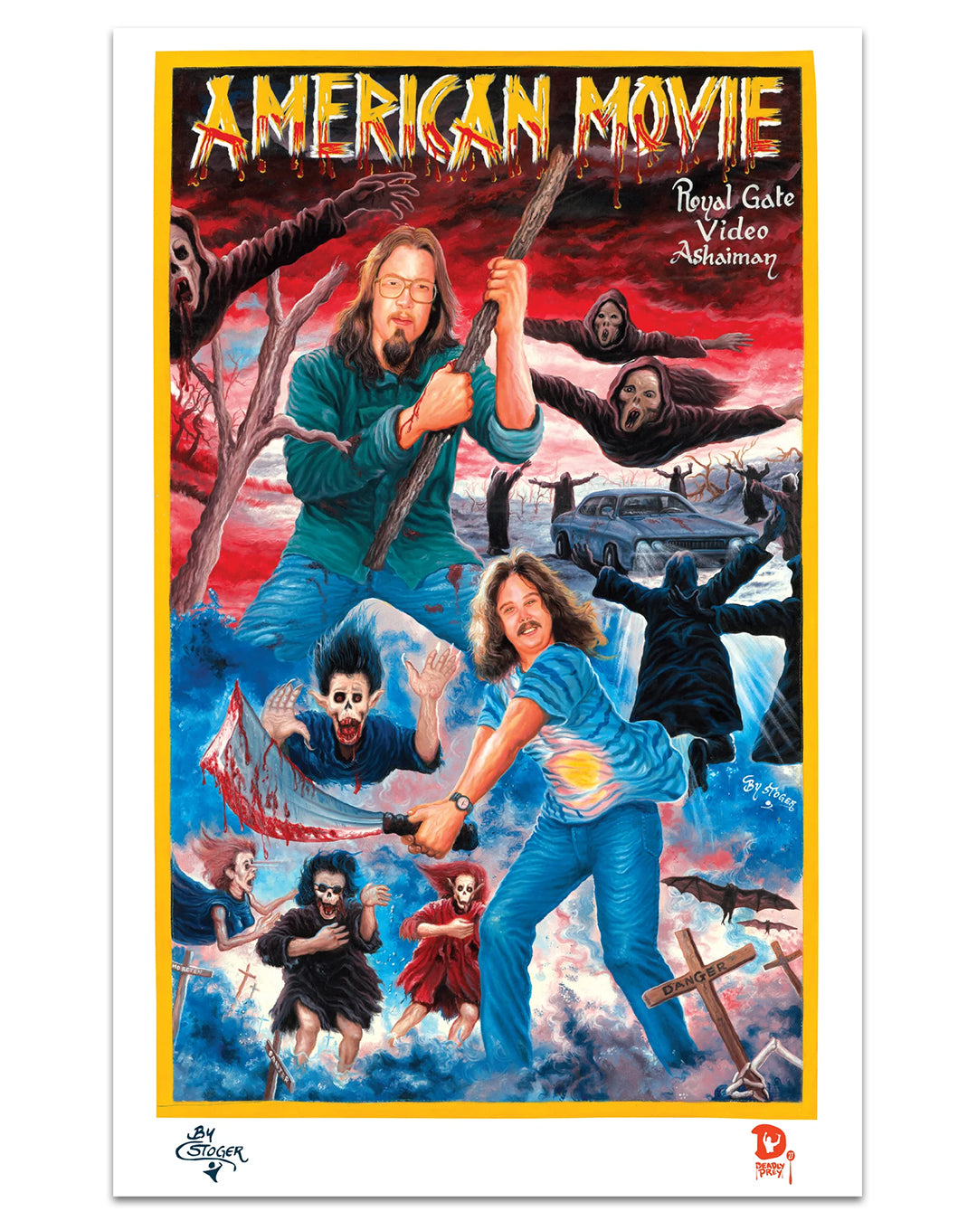 Deadly Prey digital print poster for American Movie depicts two long-haired men with glasses, dramatic skies, tombstones, ghoulish figures, and a camcorder—vividly rendered in a surreal, horror-inspired style.