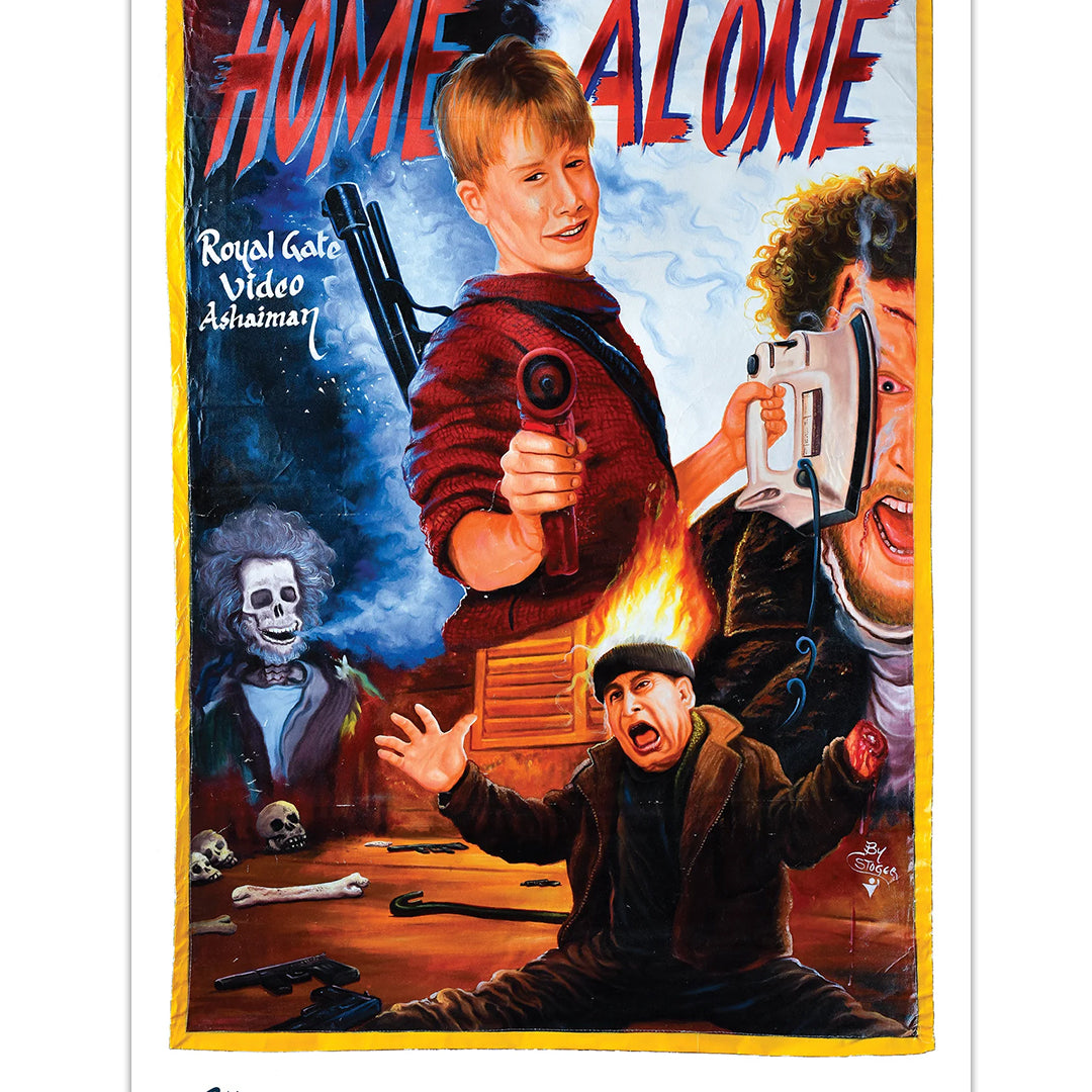 Deadly Prey presents a vibrant, hand-painted 14" x 22" digital movie poster featuring a boy with a gun, a scared man with an ironed face, a flaming-headed man, and a skeleton beneath bold red and blue HOME ALONE text.