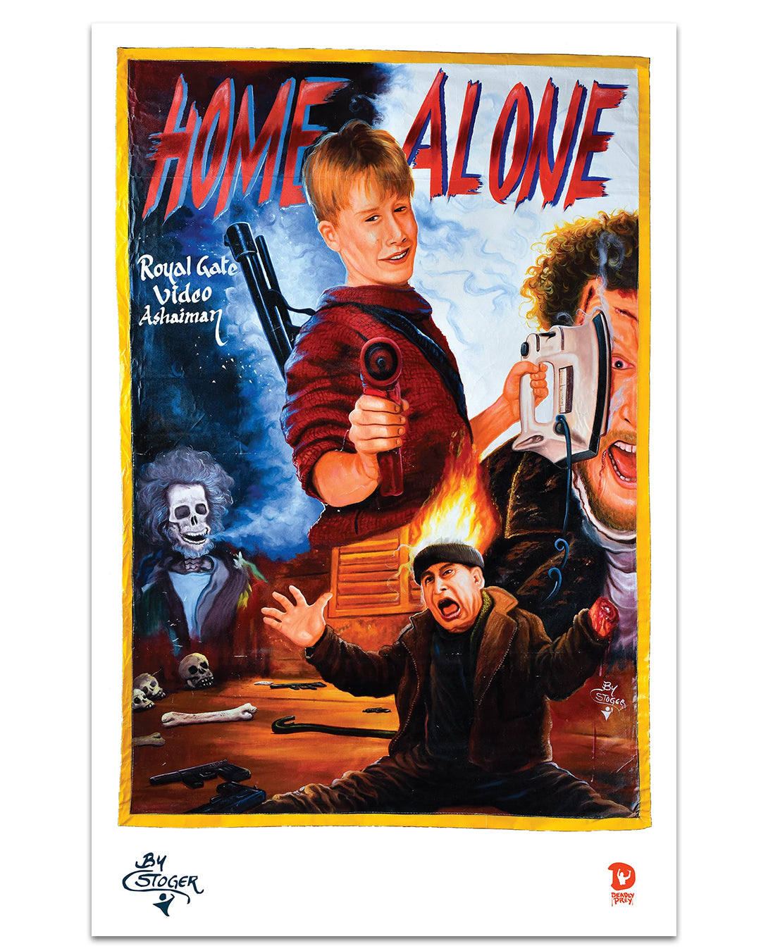 Deadly Prey presents a vibrant, hand-painted 14" x 22" digital movie poster featuring a boy with a gun, a scared man with an ironed face, a flaming-headed man, and a skeleton beneath bold red and blue HOME ALONE text.