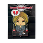 This limited edition Super Emo Friends hard enamel pin shows a cartoon woman in striped pajamas with popcorn, dreaming of a broken heart. The background displays “Super Emo Friends” with a vibrant burst design.