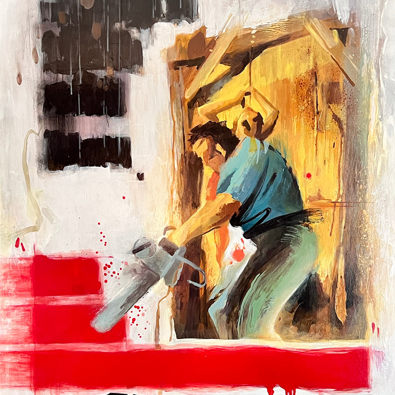A Spoke Art painting by Jason Edmiston shows a figure in a blue shirt and dark pants with a chainsaw against a dripping red and black background, painted in acrylic on wood panel with rustic yellow and brown tones hinting at Texas Chainsaw Massacre.