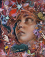 A vibrant oil on board by Tatiana Suarez, featured at Spoke Art's 15th Anniversary Show, portrays a woman gazing upward amid swirling colors, plants, flowers, and animals in a surreal, dreamlike scene.
