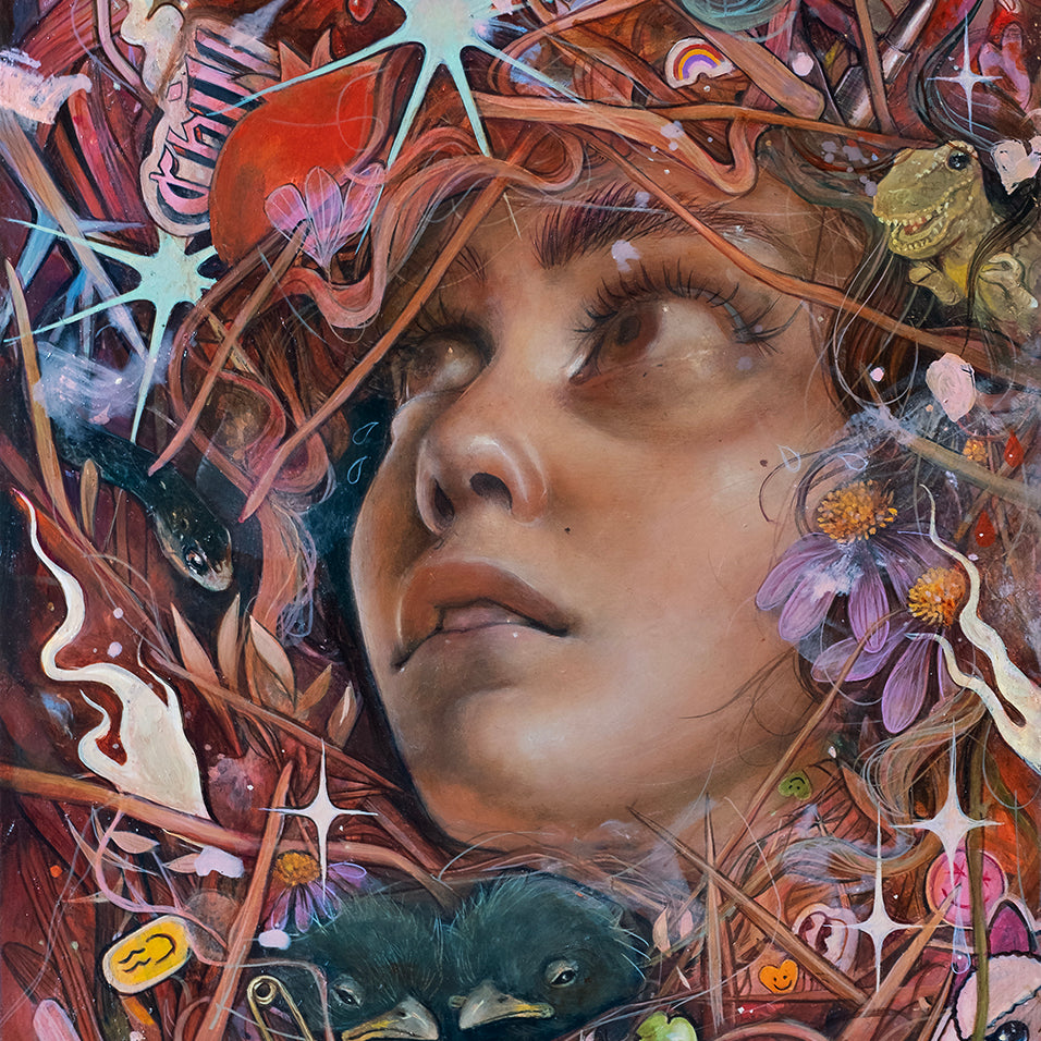 A vibrant oil on board by Tatiana Suarez, featured at Spoke Art's 15th Anniversary Show, portrays a woman gazing upward amid swirling colors, plants, flowers, and animals in a surreal, dreamlike scene.