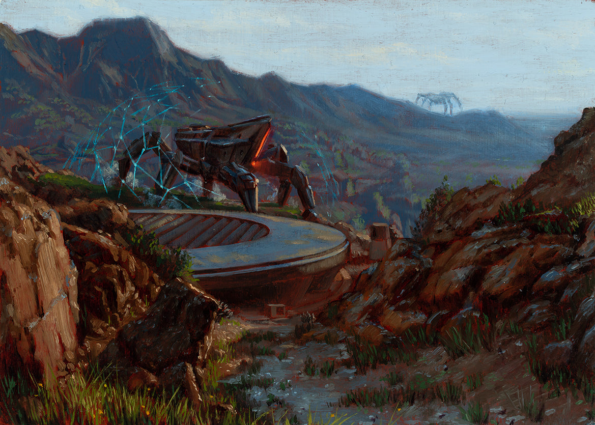 painting of a machine creature in a rocky landscape 