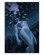 Two nude, expressionless, female android figures float underwater amid floating debris and wires, illuminated by blue and purple lighting in this striking screen print. Reminiscent of the iconic style seen in Ghost in the Shell and evocative of Rory Kurtz’s work, the piece features “Ghost in the Shell” written vertically in pink text.