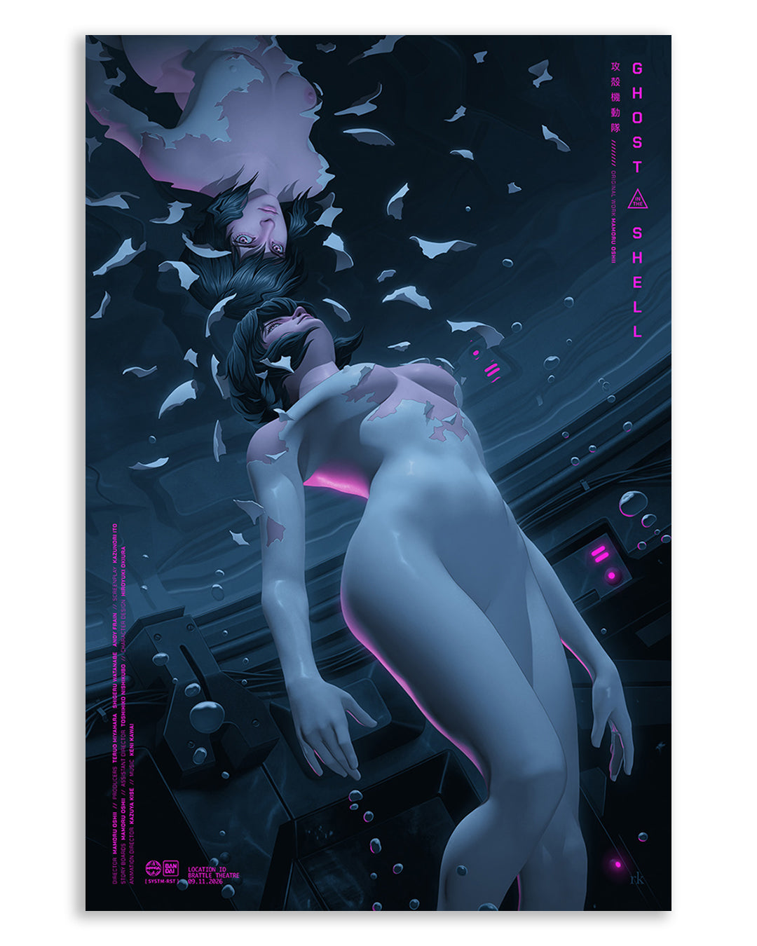 Two nude, expressionless, female android figures float underwater amid floating debris and wires, illuminated by blue and purple lighting in this striking screen print. Reminiscent of the iconic style seen in Ghost in the Shell and evocative of Rory Kurtz’s work, the piece features “Ghost in the Shell” written vertically in pink text.