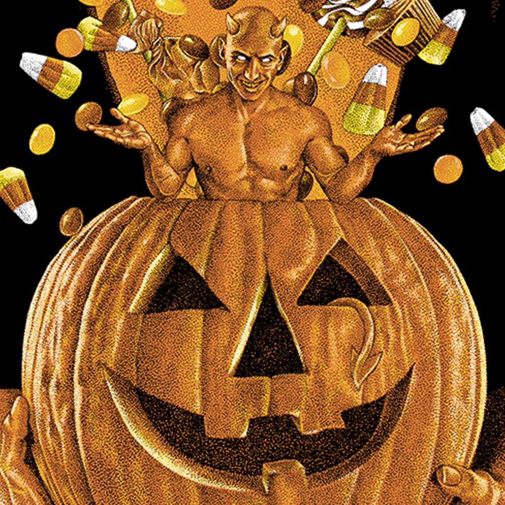 A shirtless man smiles mischievously from a jack-o’-lantern, surrounded by candy corn and gold coins, in this striking Halloween print by Timothy Pittides—VICES #34: CANDY—set against a black background.