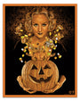 A woman with wavy blonde hair holds a jack-o’-lantern as candy, coins, and an imp burst out. Web-like patterns set the backdrop in this bold orange and black Halloween print by Timothy Pittides.