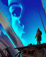 A person in a long coat stands on rubble with a large blue-tinted face looming in the sky above, evoking a dramatic and moody Blade Runner atmosphere reminiscent of a Kevin Tong screen print.