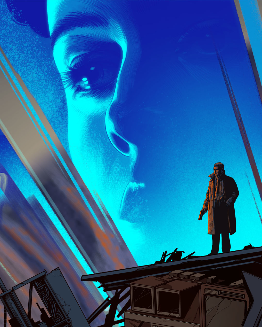 A person in a long coat stands on rubble with a large blue-tinted face looming in the sky above, evoking a dramatic and moody Blade Runner atmosphere reminiscent of a Kevin Tong screen print.