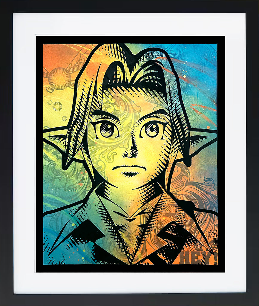 A stylized Tracie Ching portrait of an anime character with elf-like ears and wide eyes, outlined in black over a vivid swirling backdrop—evoking The Legend of Zelda and ideal for a video game inspired exhibition.