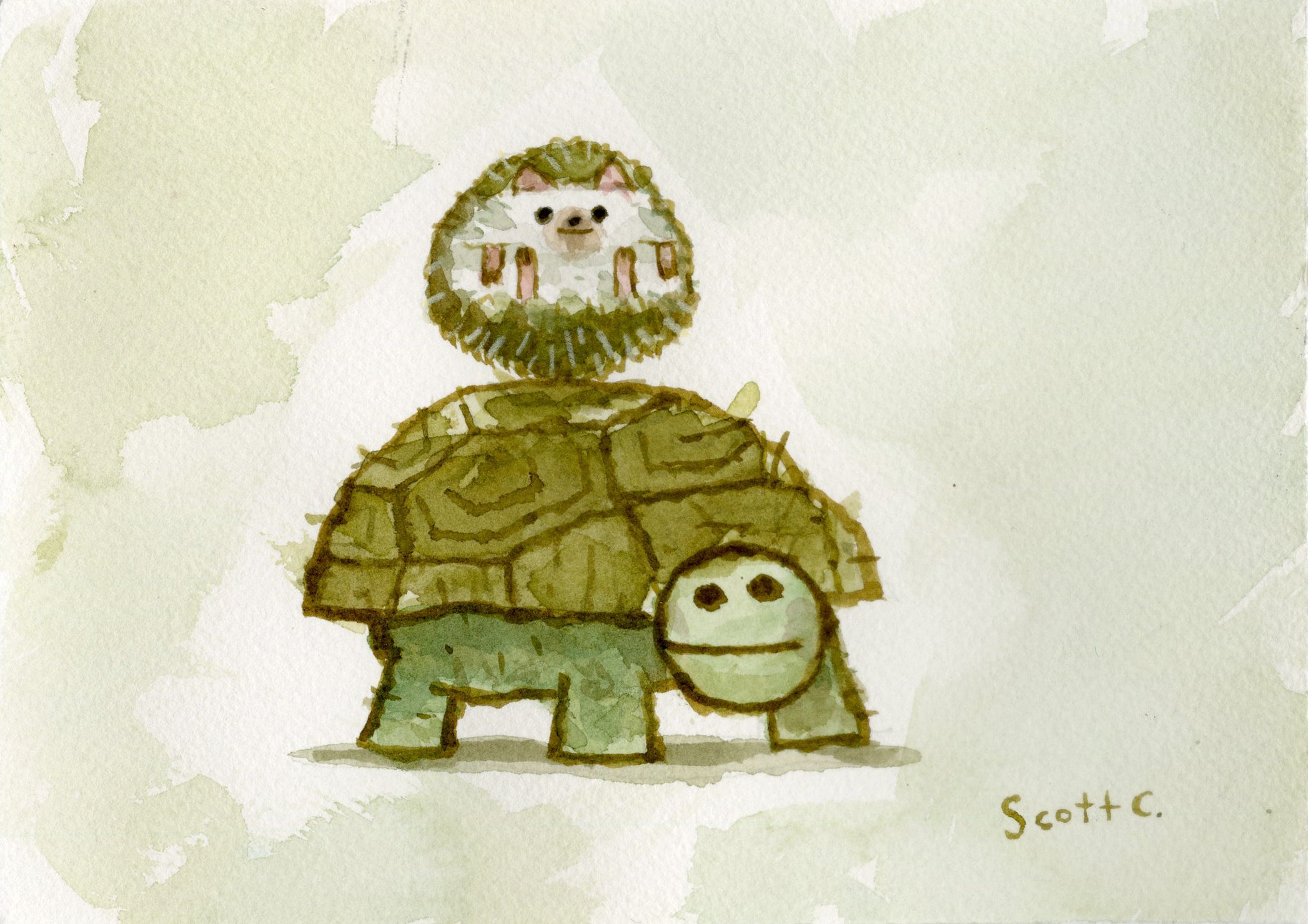 A watercolor on paper titled Baby Hedgehog and Turtle by Scott C., showing a happy turtle with a smiling hedgehog. A light, textured background adds charm, and Scott C.’s signature appears in the bottom right corner.