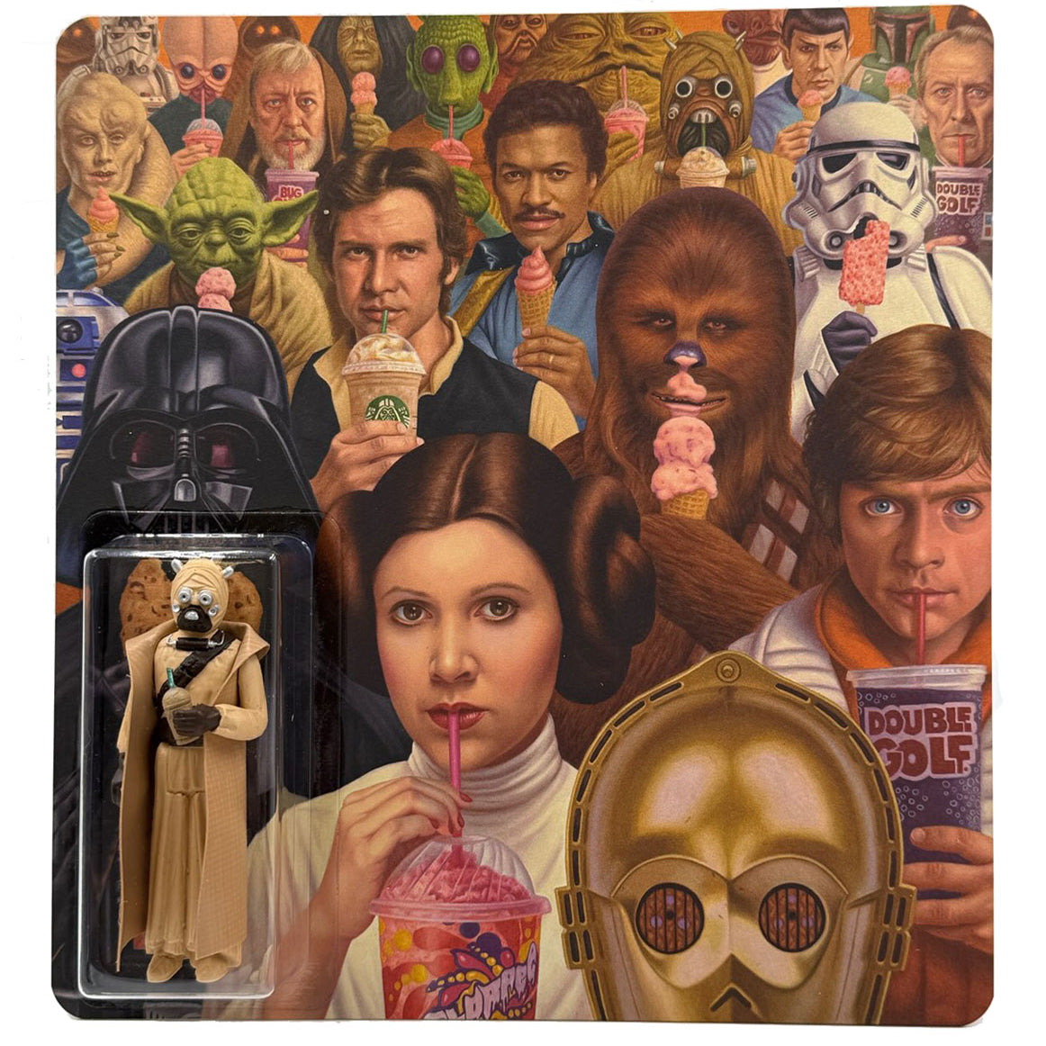 Certainly! Here’s the rewritten sentence using the provided product data: Star Wars characters, including Princess Leia, Luke, Han Solo, and others, enjoy slushies and milkshakes in a colorful and lively scene. In the bottom left is a Compulsion Tusken Raider hand-cast resin figure by Alex Gross—packaged like a collectible toy from the Alex Gross brand.