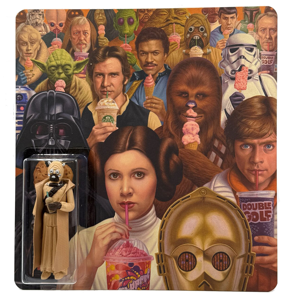 Certainly! Here’s the rewritten sentence using the provided product data: Star Wars characters, including Princess Leia, Luke, Han Solo, and others, enjoy slushies and milkshakes in a colorful and lively scene. In the bottom left is a Compulsion Tusken Raider hand-cast resin figure by Alex Gross—packaged like a collectible toy from the Alex Gross brand.