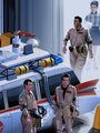 Four individuals dressed in Ghostbusters uniforms stand near the iconic Ecto-1 car, fully outfitted with gear. In the background, a woman wearing glasses and a plaid dress walks by. Set in what appears to be a garage or station, this striking scene is captured as a limited edition archival pigment print by Mr. Melville—perfect for any Ghostbusters fan.