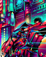 Colorful futuristic cityscape with a character sitting on a motorcycle.