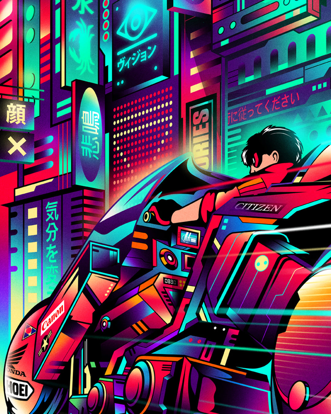 Colorful futuristic cityscape with a character sitting on a motorcycle.