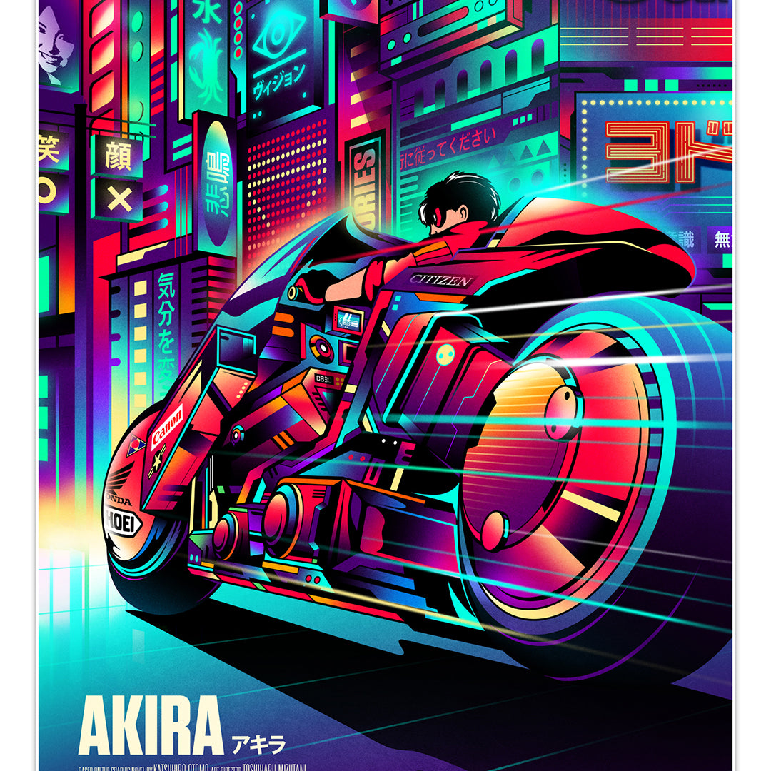 Neon-themed poster of a futuristic motorcycle with vibrant colors and 'Akira' branding.