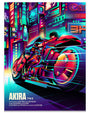 Neon-themed poster of a futuristic motorcycle with vibrant colors and 'Akira' branding.