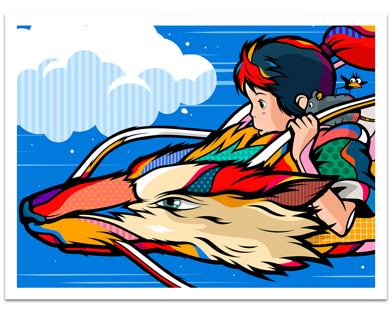 Van Orton - pop color art print of Chihiro riding Haku against blue sky