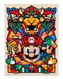 Colorful, abstract Van Orton Design illustration featuring Mario (Jumpman) center stage, with Peach and Luigi at his sides and Bowser above. Super Mario elements like mushrooms and a Goomba complete this archival pigment print.