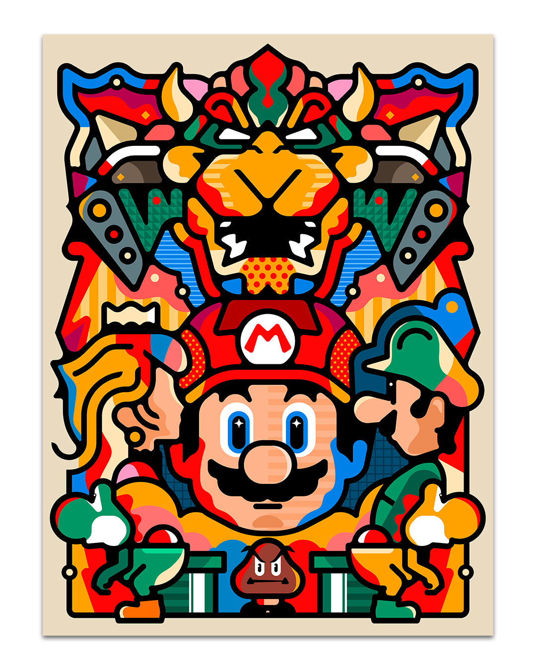 Colorful, abstract Van Orton Design illustration featuring Mario (Jumpman) center stage, with Peach and Luigi at his sides and Bowser above. Super Mario elements like mushrooms and a Goomba complete this archival pigment print.