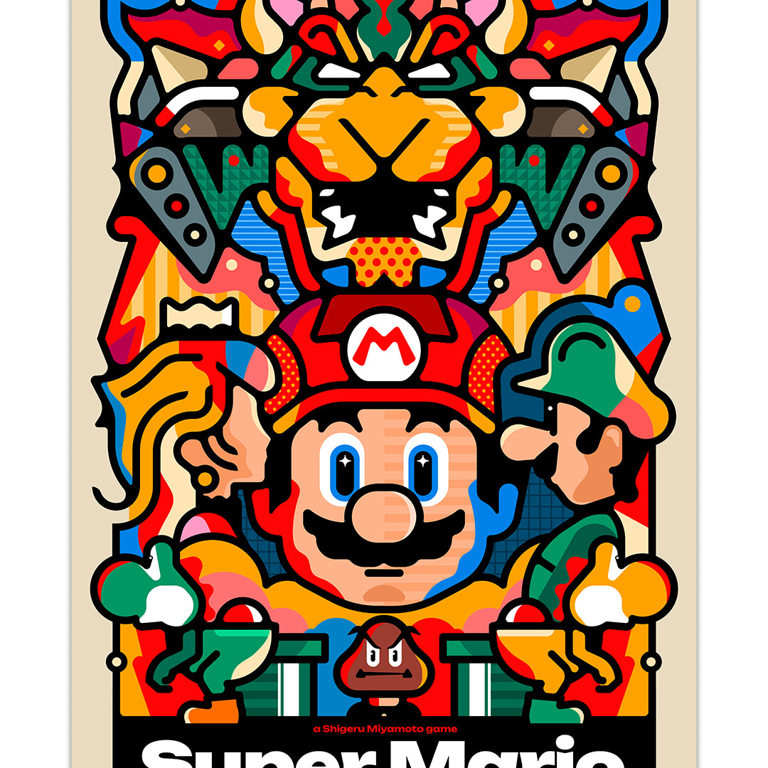 Colorful, stylized Super Mario Bros. poster by Van Orton Design featuring Jumpman (Mario), Princess Peach, Bowser, Luigi, Toad, Goomba, mushrooms & geometric shapes. Available as archival pigment prints.