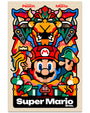 Colorful, stylized Super Mario Bros. poster by Van Orton Design featuring Jumpman (Mario), Princess Peach, Bowser, Luigi, Toad, Goomba, mushrooms & geometric shapes. Available as archival pigment prints.