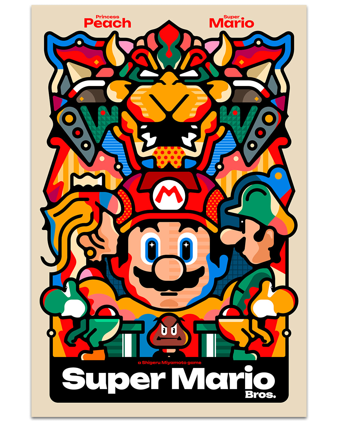 Colorful, stylized Super Mario Bros. poster by Van Orton Design featuring Jumpman (Mario), Princess Peach, Bowser, Luigi, Toad, Goomba, mushrooms & geometric shapes. Available as archival pigment prints.