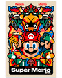 A vibrant Van Orton Design illustration shows Mario at the center with Princess Peach, Luigi, mushrooms, and the Super Mario Bros. logo below, while Bowser’s face appears above in striking geometric shapes.