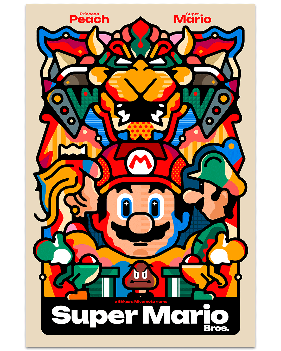 A vibrant Van Orton Design illustration shows Mario at the center with Princess Peach, Luigi, mushrooms, and the Super Mario Bros. logo below, while Bowser’s face appears above in striking geometric shapes.