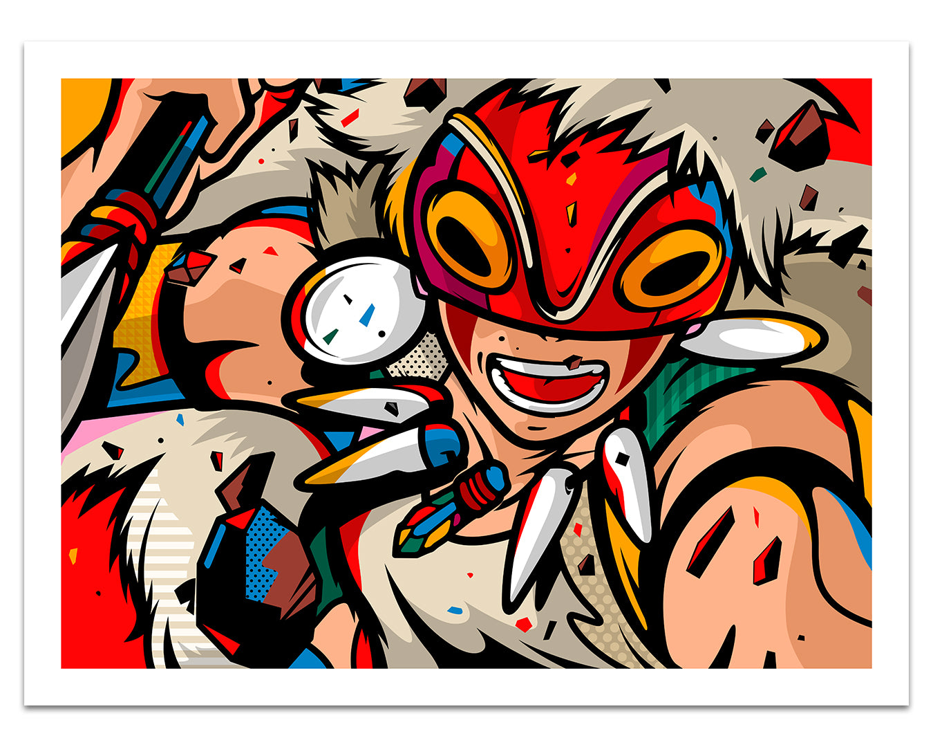 Colorful illustration of a character with a mask and headdress on a white background