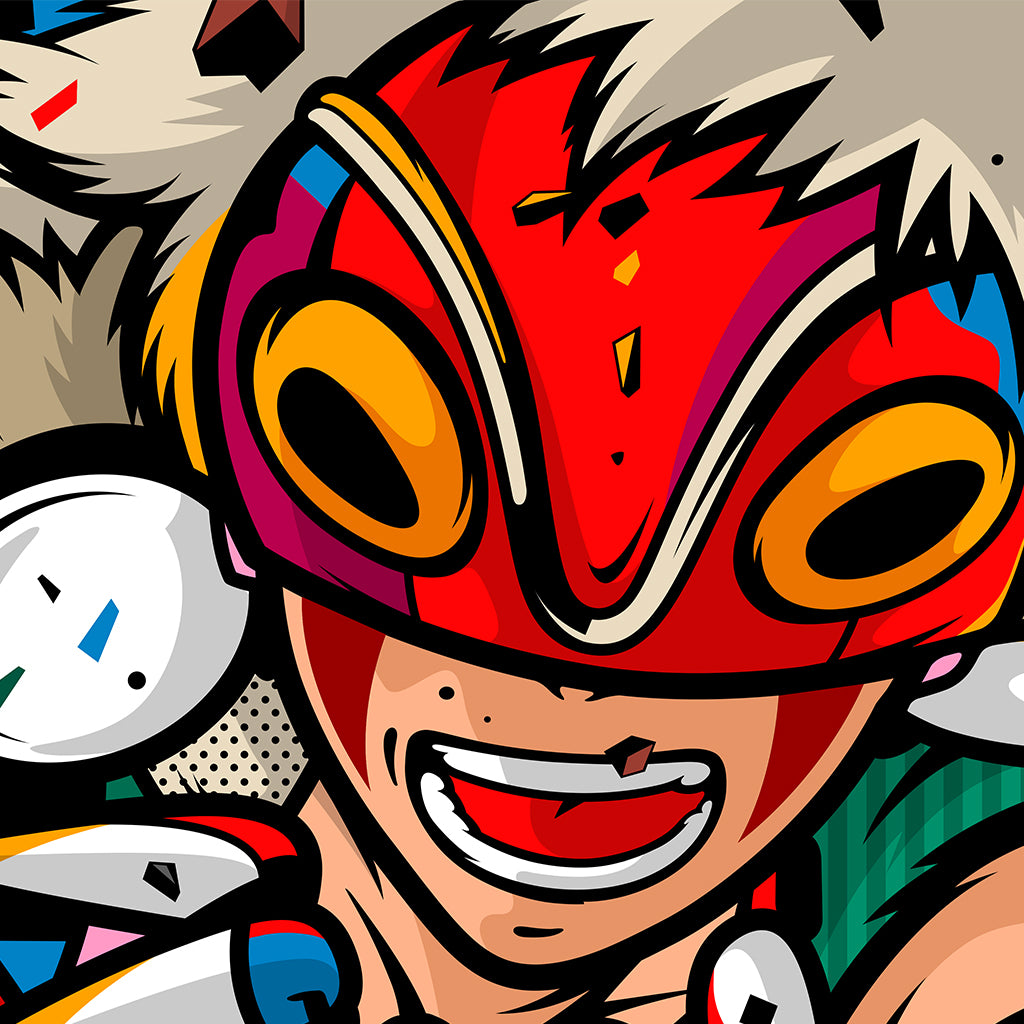 Colorful illustration of a character wearing a red mask with large eyes and a wide smile.