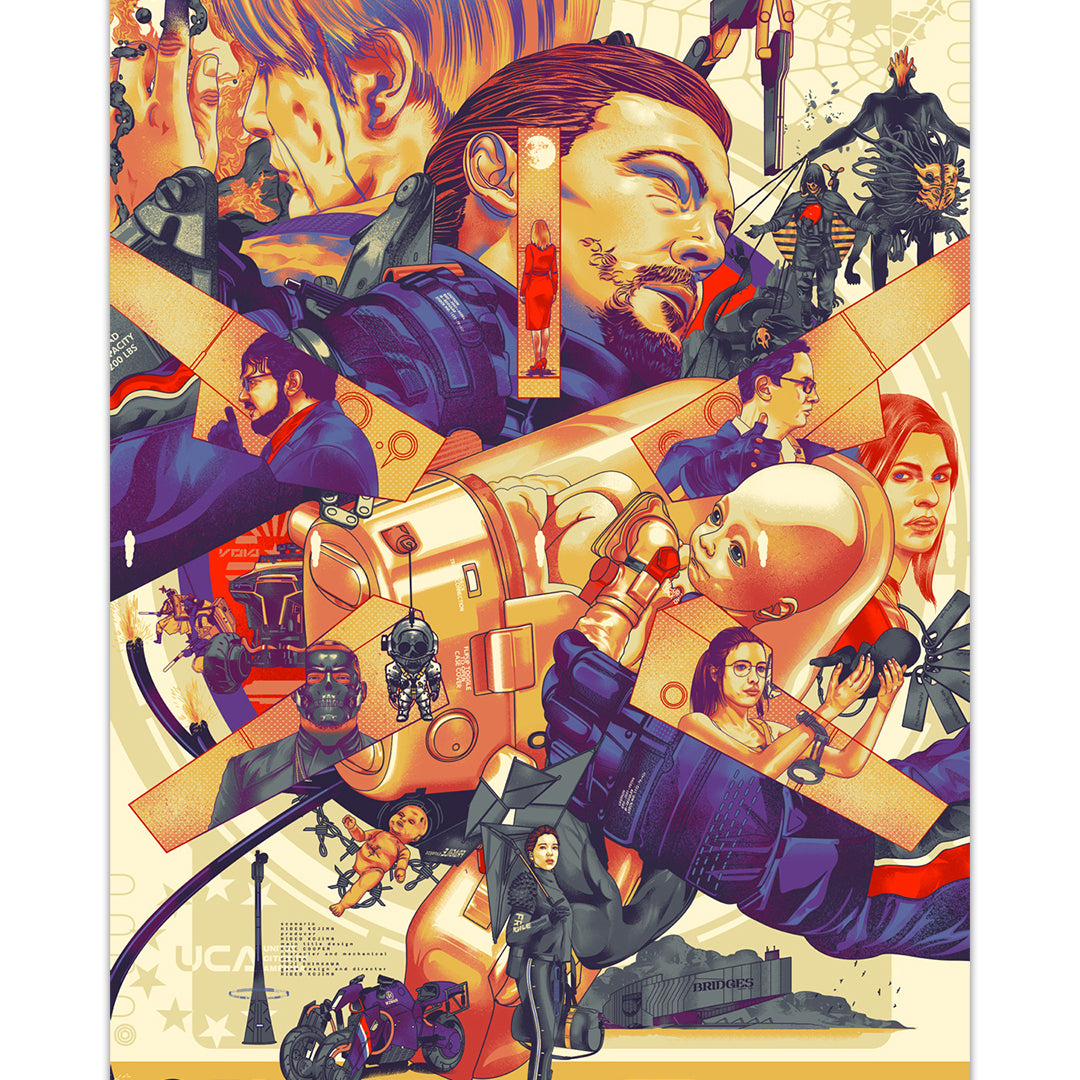 Artistic poster of 'Death Stranding' with characters and elements from the game.