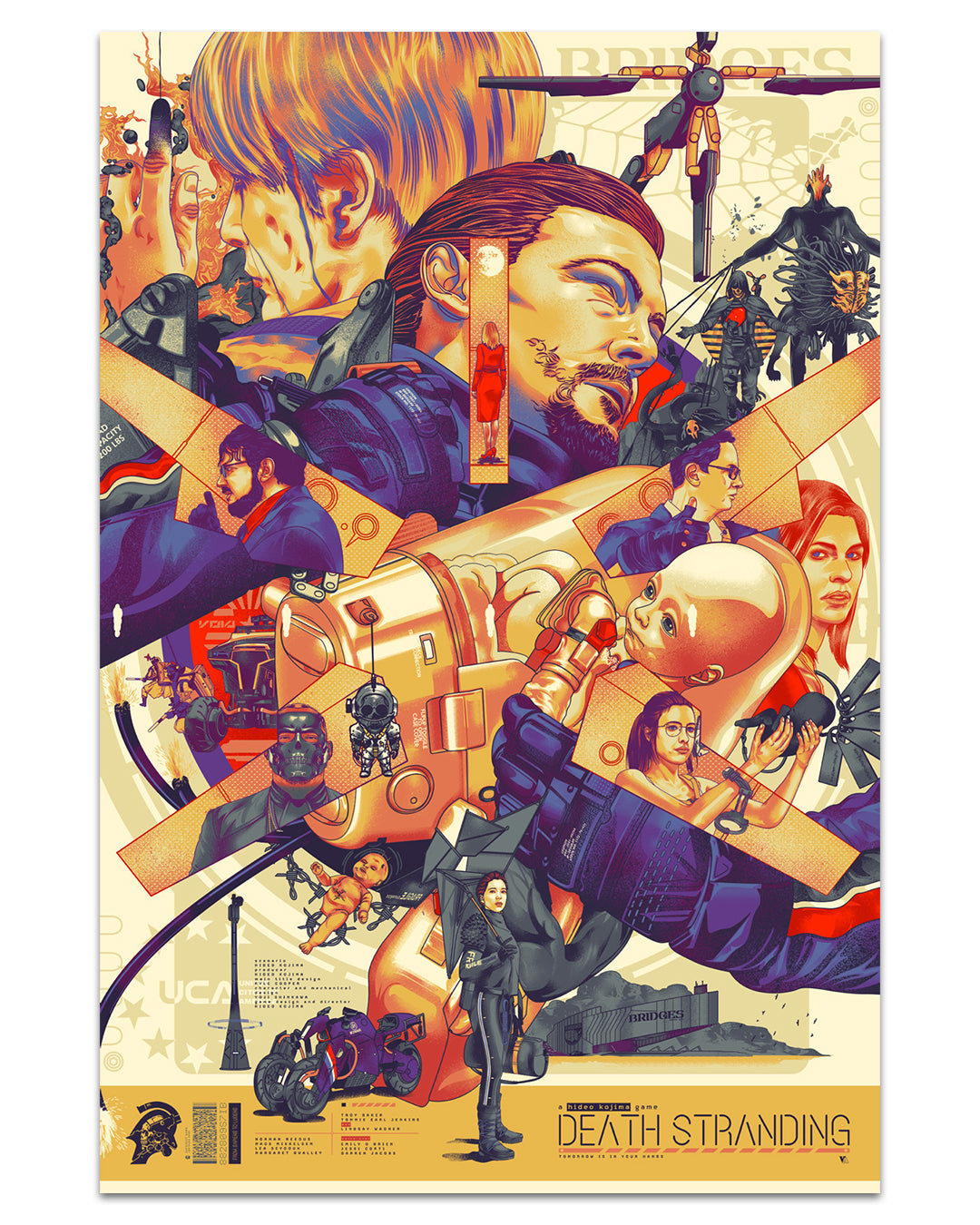 Artistic poster of 'Death Stranding' with characters and elements from the game.